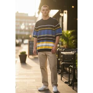 ENYCE Striped Knit Sweater Men’s Medium Y2K Hip Hop Streetwear Blue Yellow